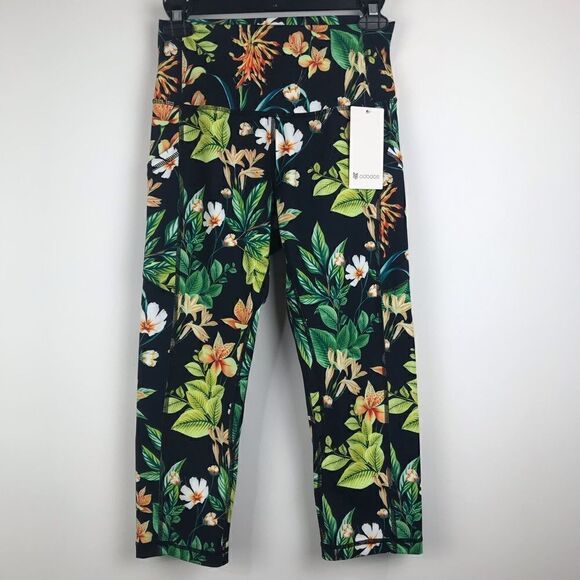 NEW Ododos High Waisted Black Tropical Print Capri Leggings - Picture 7 of 14